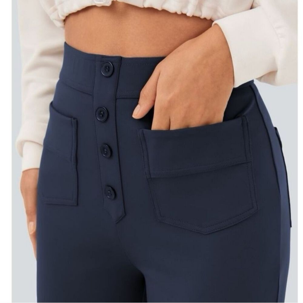 Halara High Waisted Button Pants Straight Wide Leg Navy Blue Women's Large - Picture 4 of 9